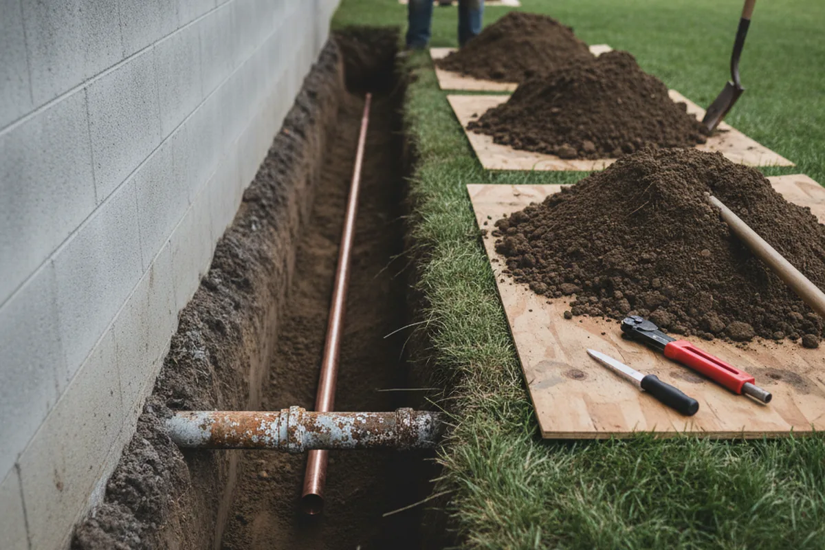 Excavated water line trench during Sewer Line Repair in Marianna